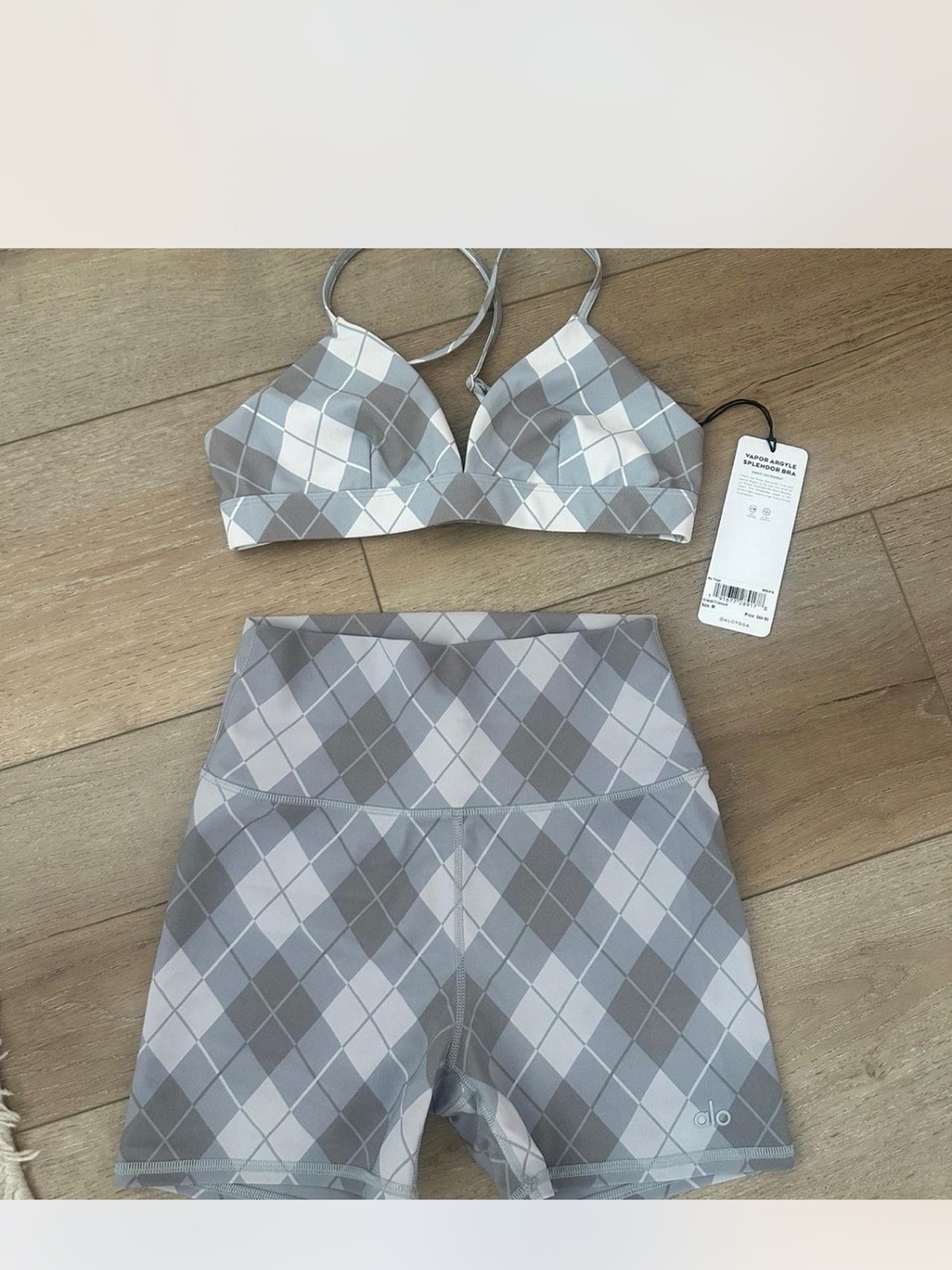 NWT RARE ALO Yoga Grey Argyle Bralette and Bike Short Set